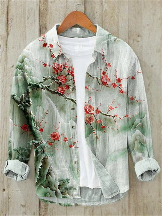 WITROSA Men’s Floral Mountain Print Shirt – Serenity Art Linen Edition