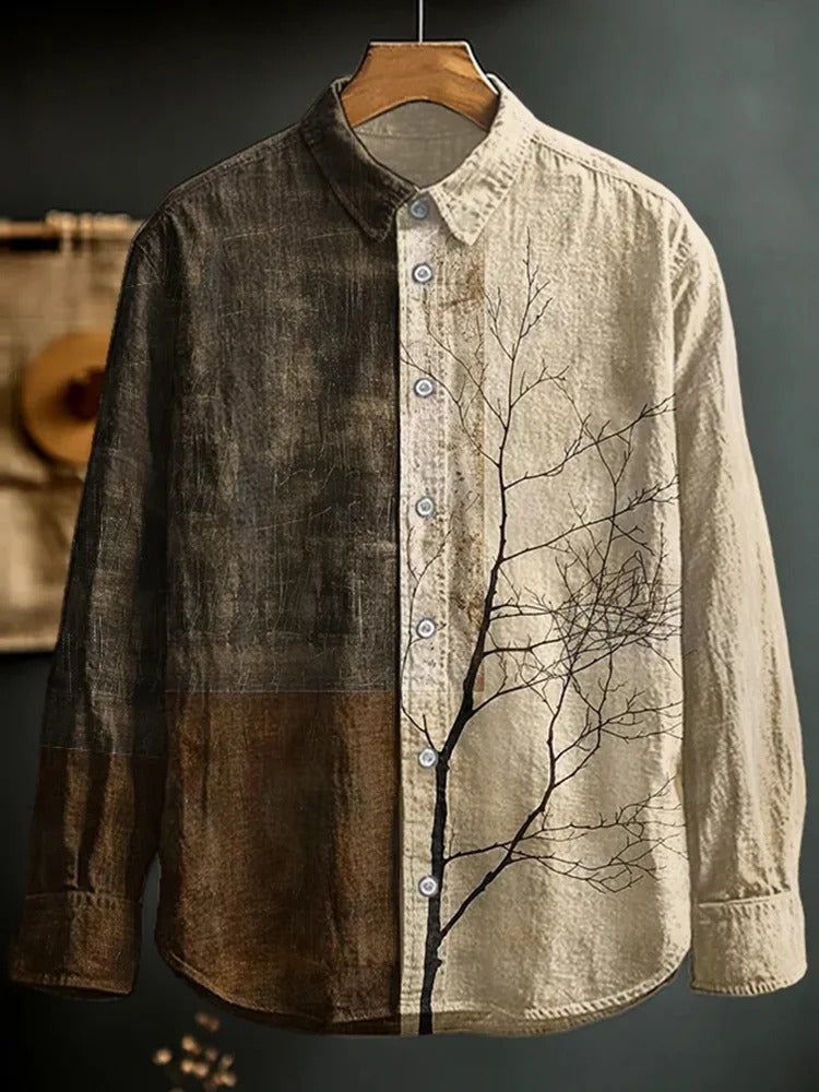 WITROSA Men’s Artistic Tree Print Shirt – Vintage Earth-Tone Edition