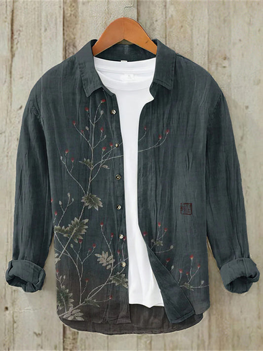 WITROSA Men’s Charcoal Floral Embroidered Shirt – Nature-Inspired Linen Edition