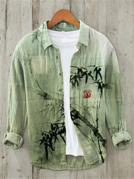 WITROSA Men’s Green Nature-Inspired Shirt – Bamboo Art Linen Edition