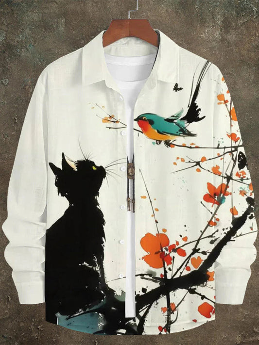 WITROSA Men’s Artistic Cat & Bird Print Shirt – Nature Harmony Edition