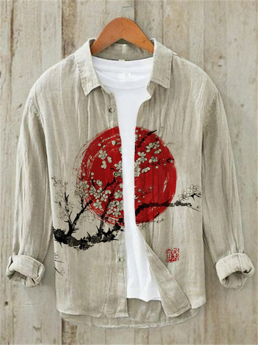 WITROSA Men’s Red Sun & Blossom Print Shirt – Zen Art Linen Edition