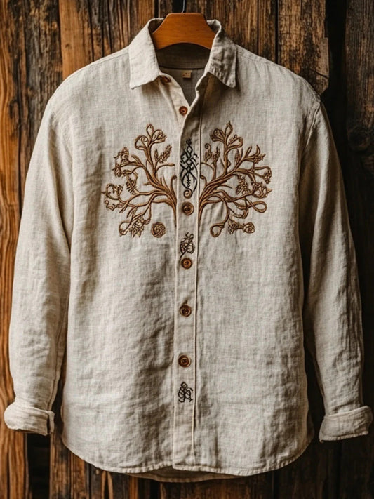WITROSA Men’s Beige Embroidered Linen Shirt – Heritage Craft Edition